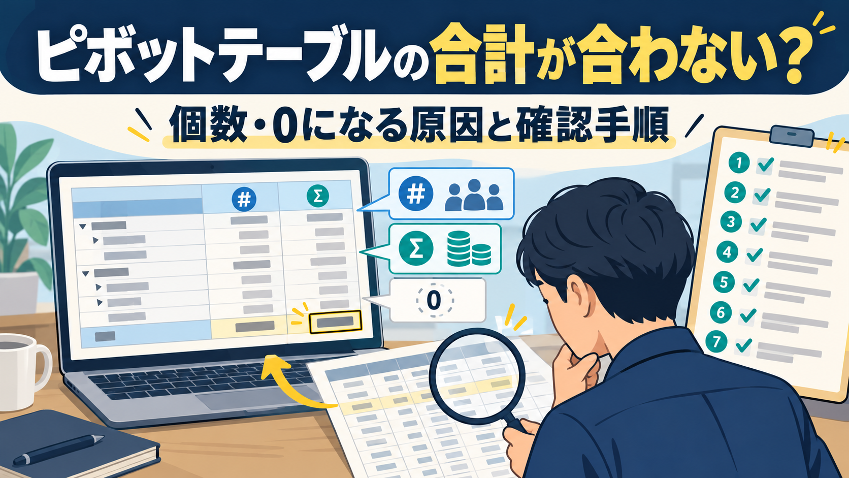 Excelのピボットテーブルの総計が元データの合計と合わないときに、元データ・設定・行と列のフィールドの3か所を順に確認する流れを表したイメージ