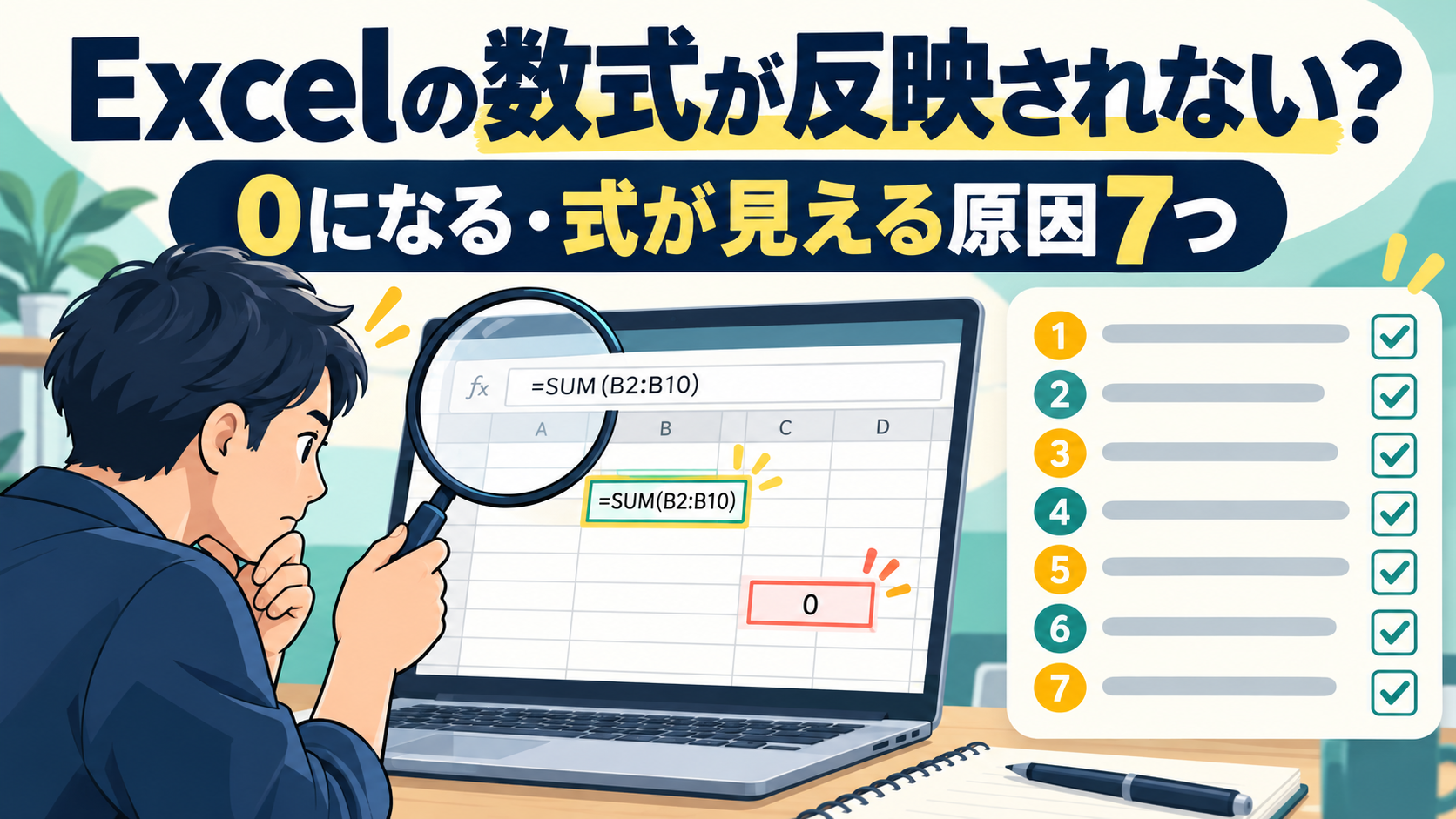 Excelの数式が反映されない・0になるときに、設定・数式のセル・参照先のセルの3か所を順に確認する流れを表したイメージ