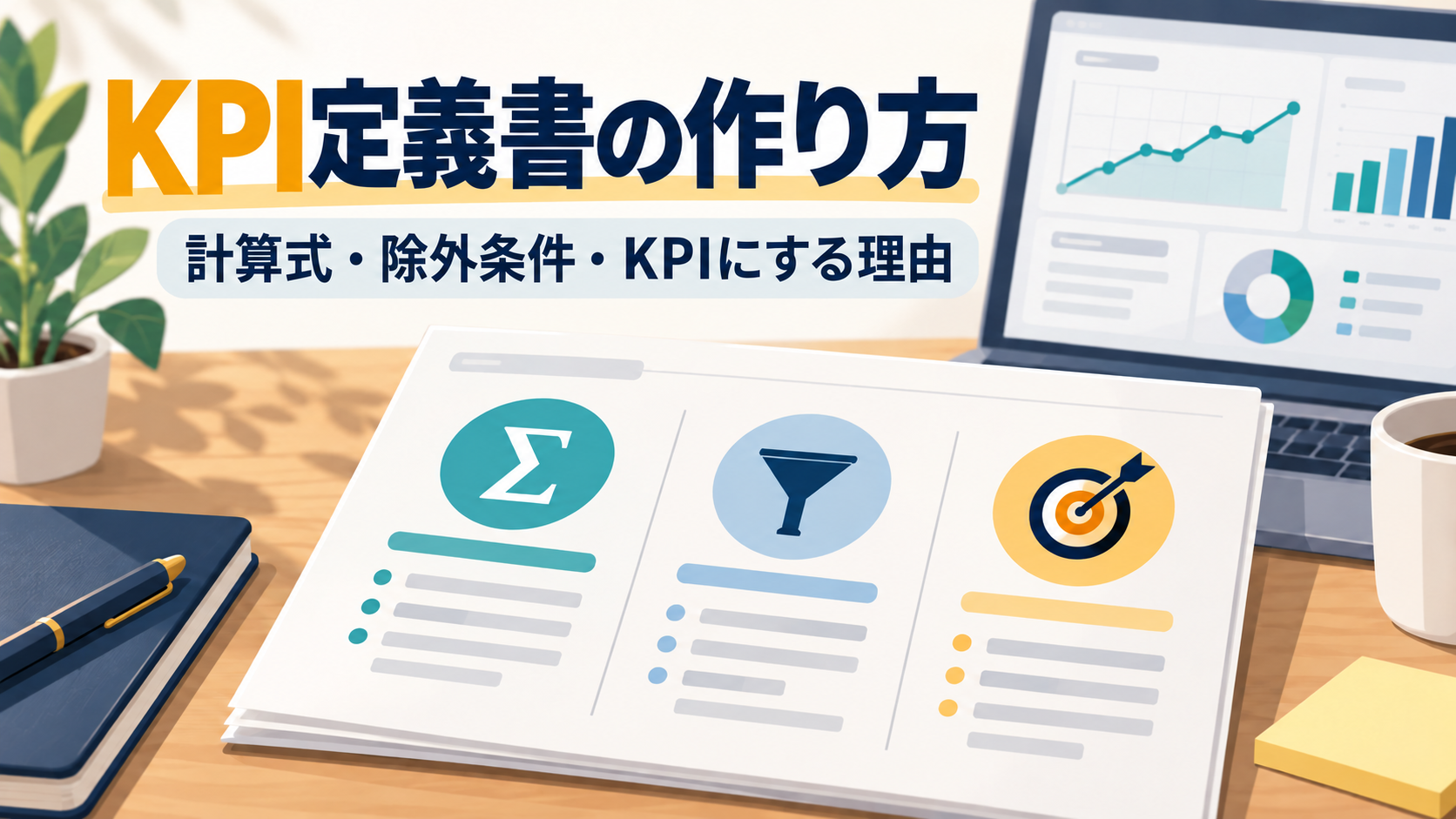 KPIごとに計算式・KPIにする理由・除外条件を書き出し、実際のデータで出せるかを確かめて、チームで使える定義書にまとめる流れを表したイメージ