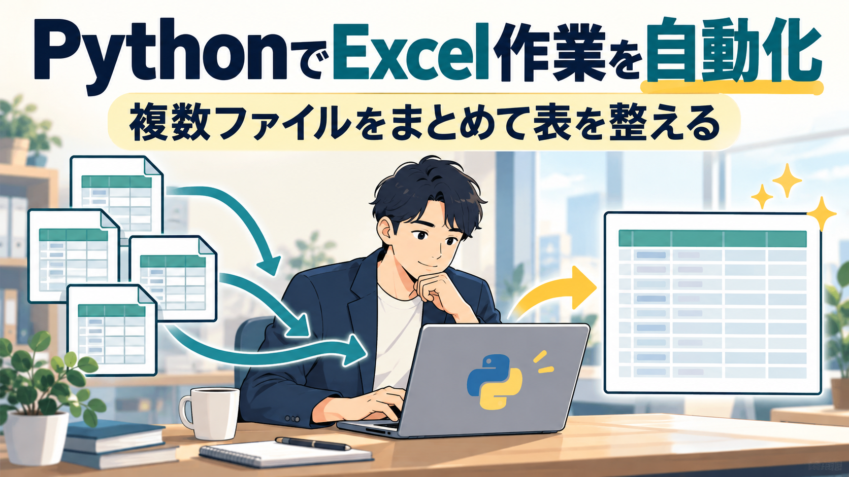 複数のExcelファイルをPythonで1つにまとめ、セル結合や小計のある表を1行に1件の表に整える流れを表したイメージ