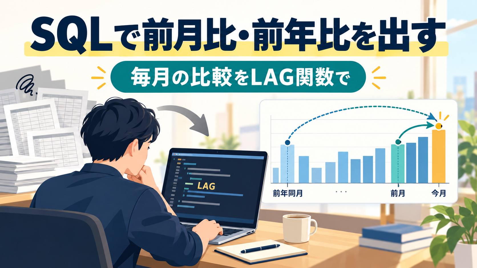 月別の売上表にLAG関数で前月の売上を並べ、前月比を計算する流れと、月が抜けていると前々月と比べてしまう落とし穴を表したイメージ
