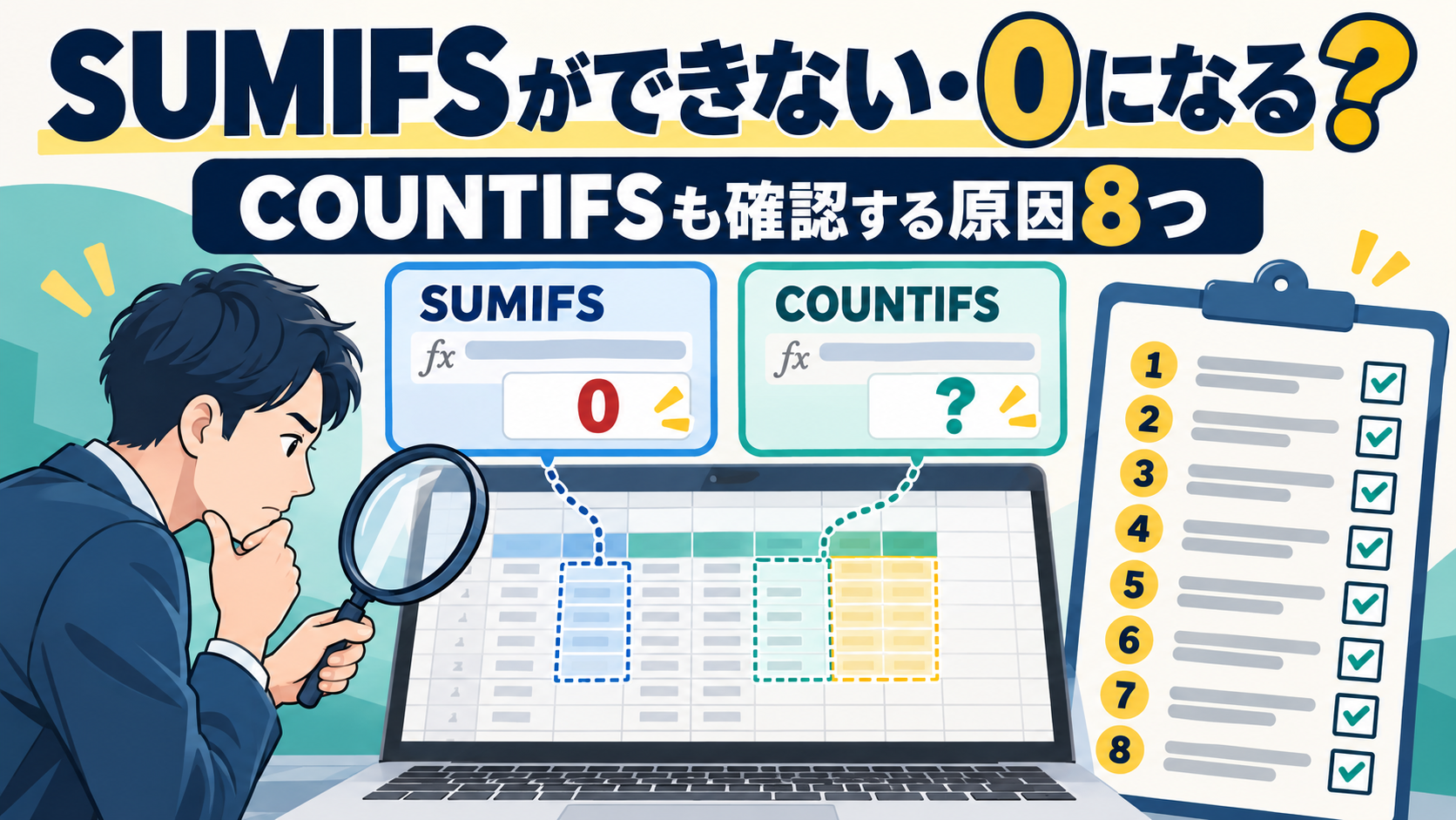 SUMIFS・COUNTIFSの合計や件数が合わないときに、範囲・条件・データの3か所を順に確認する流れを表したイメージ