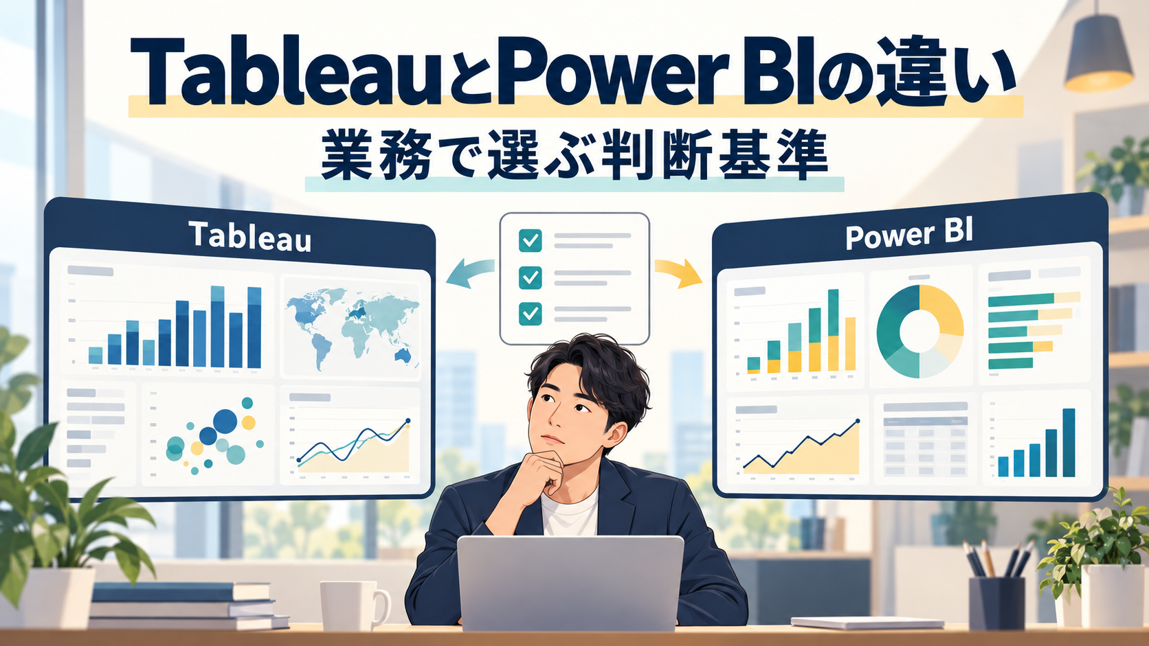 TableauとPower BIを並べ、会社の使用ツール・費用・使える人がいるかの3つで選ぶ流れを表したイメージ