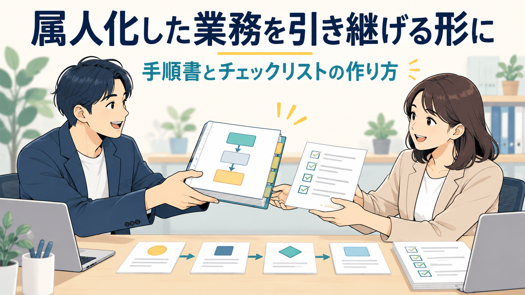 1人しかできない業務の手順と判断を書き出し、手順書とチェックリストにして、担当者以外の人でも回せる形にする流れを表したイメージ