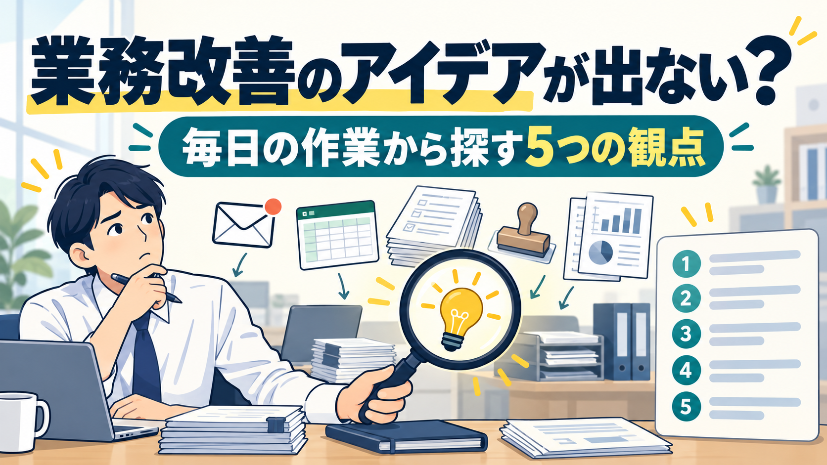 業務改善のアイデアが出ないときに、毎日くり返している事務の作業を5つの観点で見直し、改善点に印をつけていく様子を表したイメージ