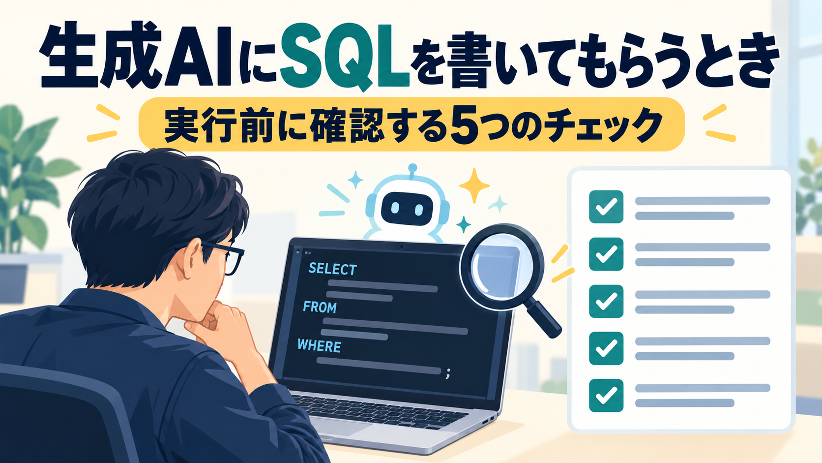 生成AIが書いたSQLを、実行前に列・条件・単位を読み、実行後に件数と合計を既知の数字と突き合わせて確かめる流れを表したイメージ