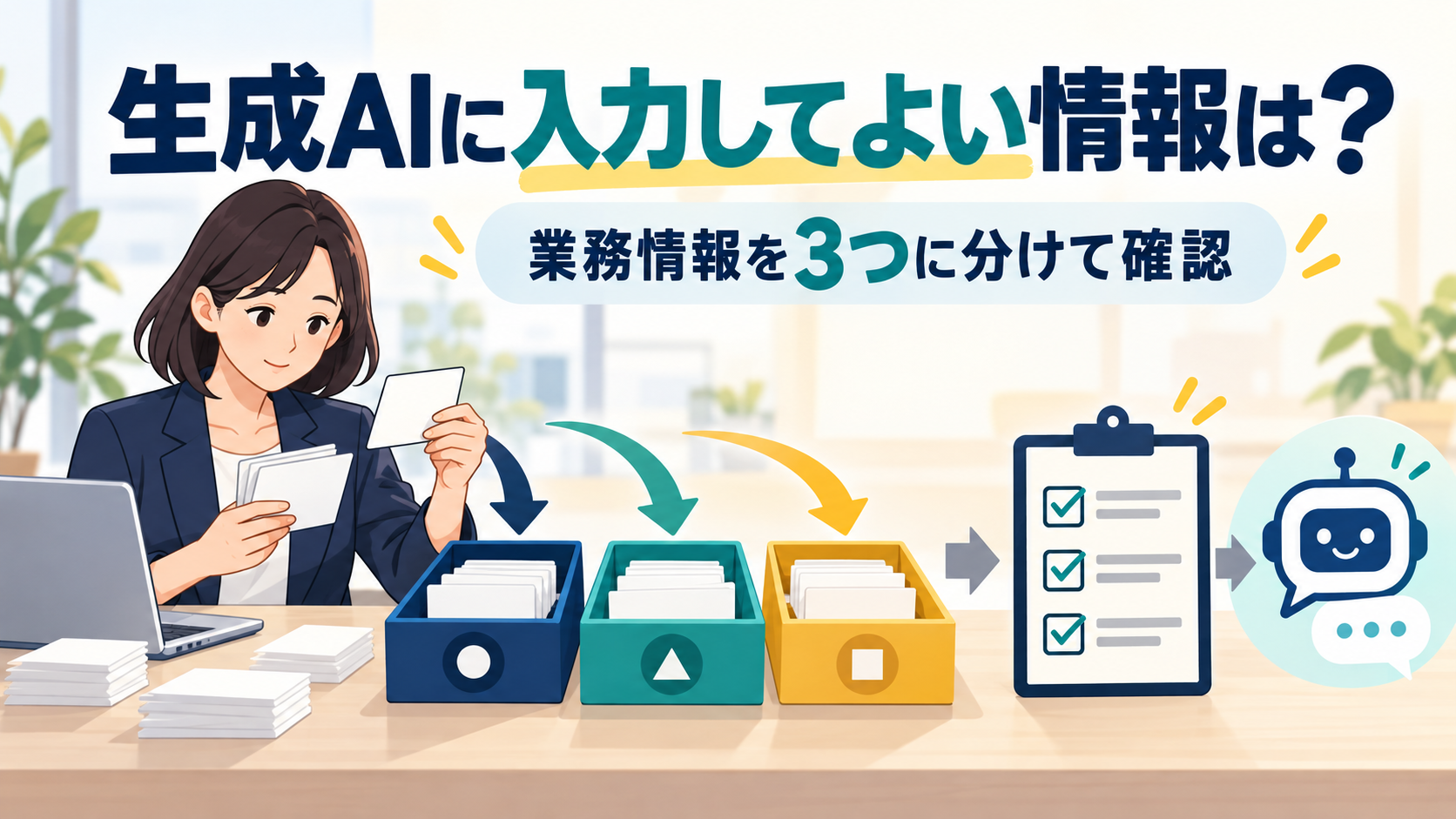 業務の情報を「そのまま入力してよい・加工すれば入力してよい・入力しない」の3つに分けてから、生成AIに入力する流れを表したイメージ