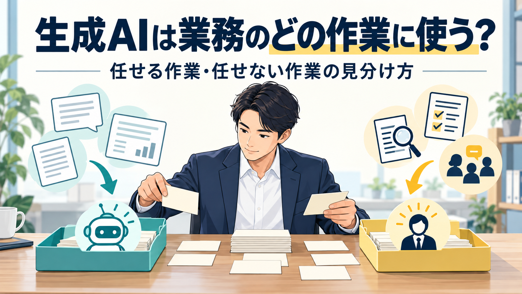 業務を作業ごとに分け、生成AIに任せる作業と人が確認・判断する作業を見分けて、1つずつ当てはめていく流れを表したイメージ